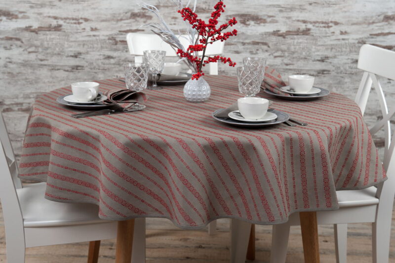 Nappe ronde / ovale beige de lin coton en rayures rouges ornementales.