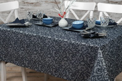 Nappe bleu foncé de lin coton en motif de fleur avec fils de lurex.