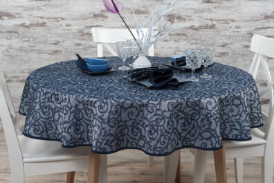 Nappe ronde / ovale bleu foncé de lin coton en motif de fleur avec fils de lurex