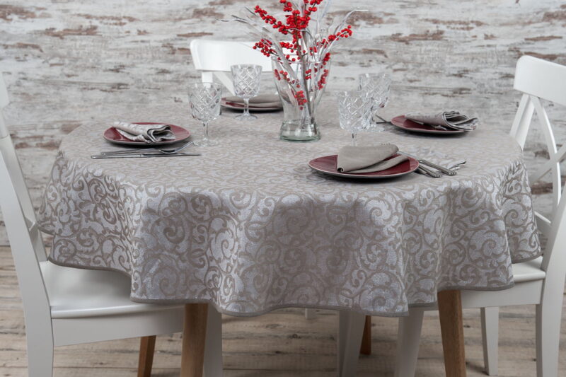 Nappe ronde / ovale beige de lin coton en motif de fleur avec fils de lurex.