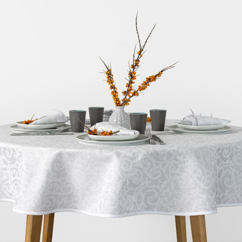 Nappe ronde / ovale gris clair de lin coton en motif de fleur avec fils de lurex.