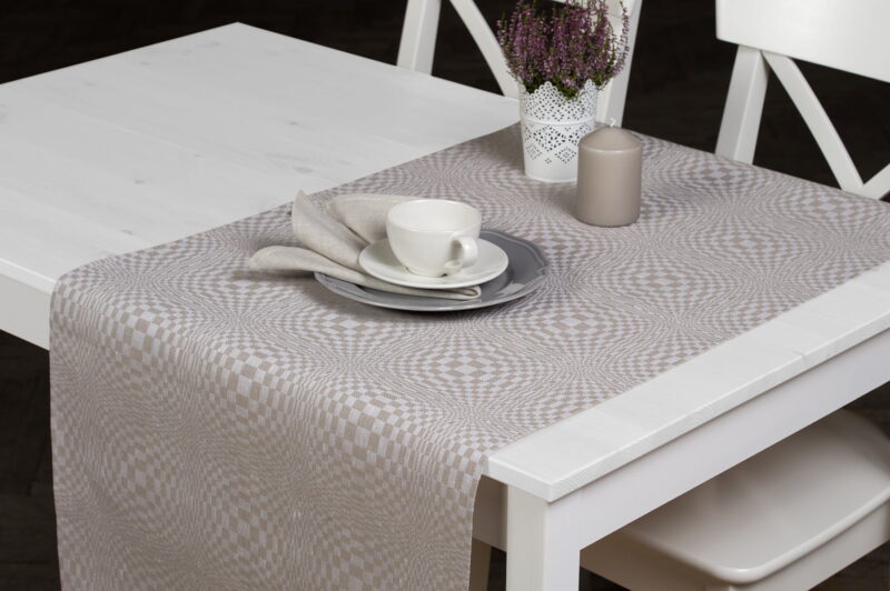 Chemin de table de lin coton beige en design en l’affect à carreaux 3D.