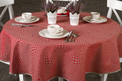 Nappe ronde / ovale de lin coton rouge en design en l’affect à carreaux 3D.