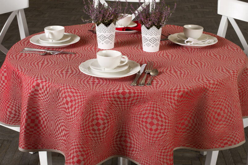 Nappe ronde / ovale de lin coton rouge en design en l’affect à carreaux 3D.