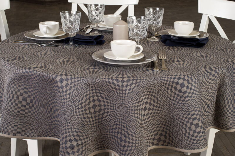 Nappe ronde / ovale de lin coton bleu foncé en design en l’affect à carreaux 3D.