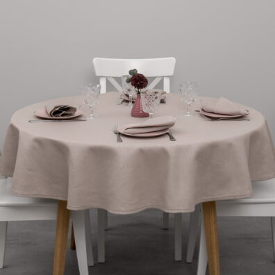 Nappe ronde / ovale vieux rose de lin coton avec des points ajourés.