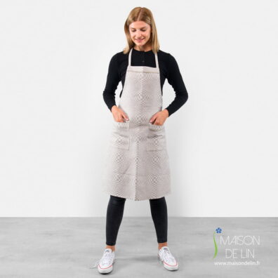 Tablier à bavette adulte de lin coton beige en design en l’affect à carreaux 3D.