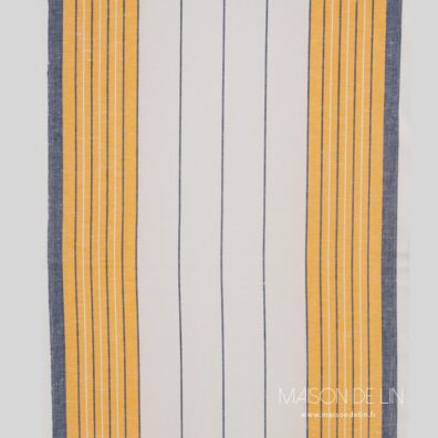 Tissu étroit de lin-coton blanc cassé en rayures jaunes et bleues