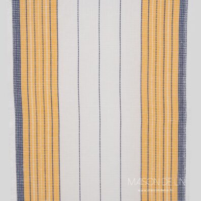 Tissu de lin-coton étroit en rayures blanches, bleues et jaunes