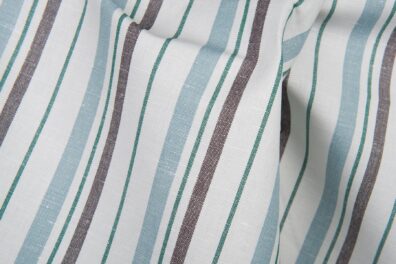 Tissu blanc cassé de lin-coton en rayures brunes et vertes