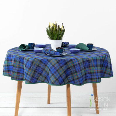 Nappe ronde / ovale de lin coton à carreaux bleus et verts.