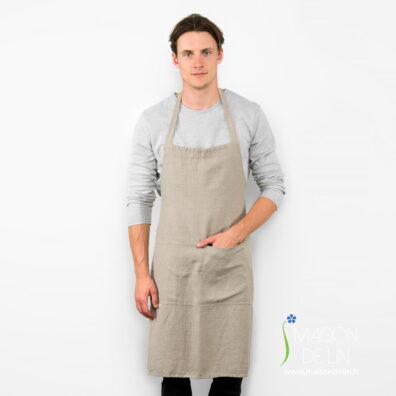 Tablier masculin à bavette de lin coton lavé à chevron beige.