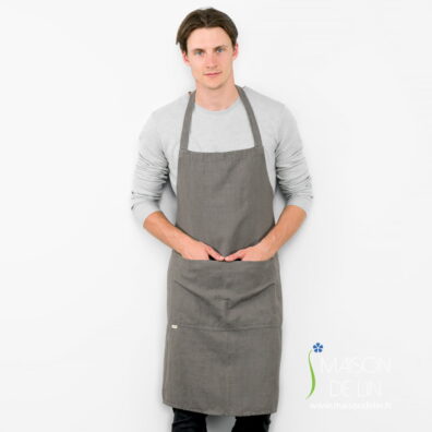 Tablier masculin à bavette de lin coton lavé à chevron gris.