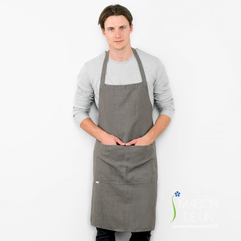 Tablier masculin à bavette de lin coton lavé à chevron gris.