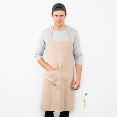 Tablier masculin à bavette de lin coton lavé à petit carreaux.