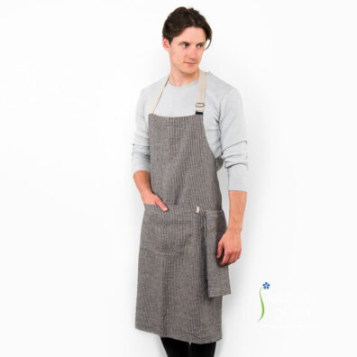 Tablier masculin à bavette de lin lavé à carreaux noir et beige.