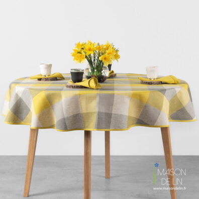 Nappe ronde / ovale de lin-coton à carreaux jaune, gris, beige.