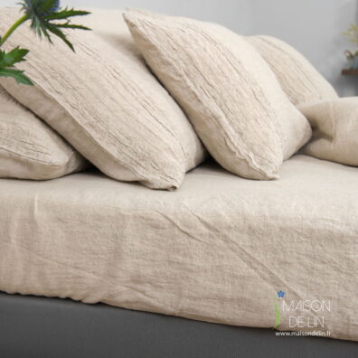 Drap de lin beige, lavé, peut être - finition simple ou avec élastique.