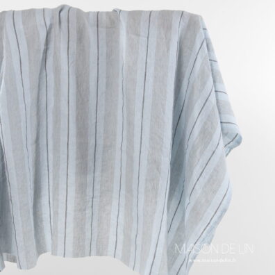 Tissu lin rayures verticales en couleurs bleu et beige.