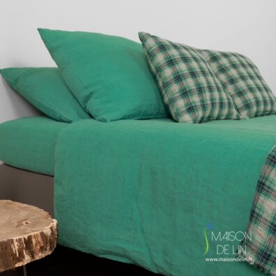 Linge de lit vert d`eau housse de couette lin lavé.