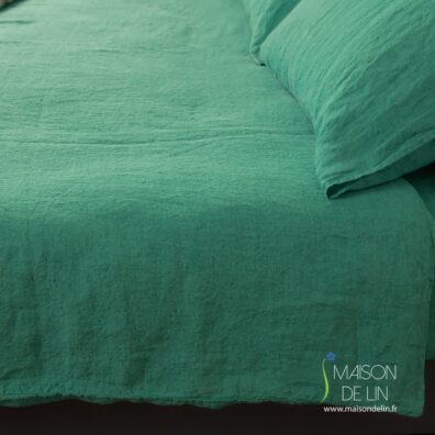 Linge de lit vert d`eau housse de couette lin lavé.
