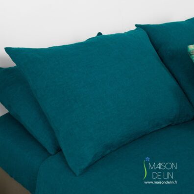 Linge de lit bleu canard de lin lave taie d'oreiller.