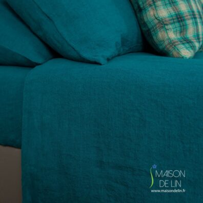 Linge de lit bleu canard housse de couette de lin lave.