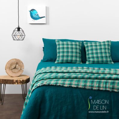 Linge de lit bleu canard "Libele" de lin lavé.