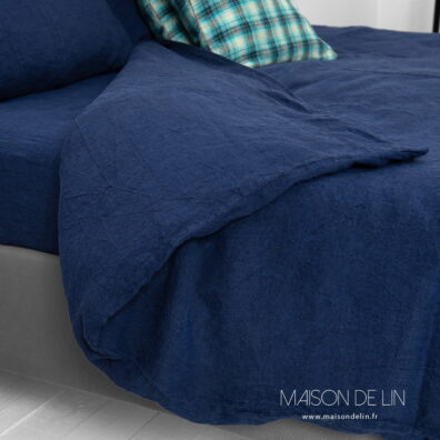 Linge de lit bleu nuit housse de couette de lin lave.