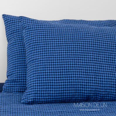 Linge de lit vichy bleu taie d'oreiller lin lave.