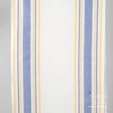 Tissu lin-coton blanc en rayures bleus et jaunes en largeur 50cm.