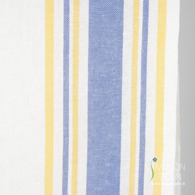Tissu lin-coton blanc en rayures bleus et jaunes en largeur 50cm.