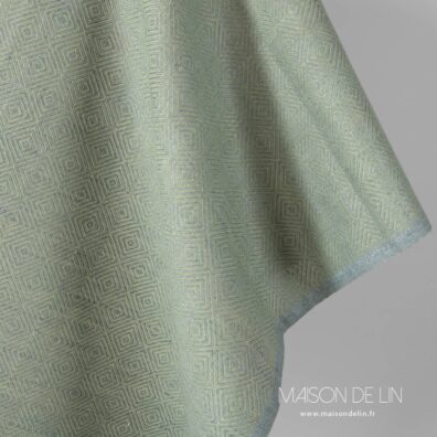 Tissu lin coton design diamants vert bleu.