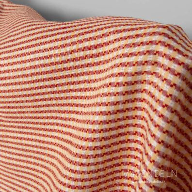 Tissu carreaux rouge, jaune et blanc, lin 100%.