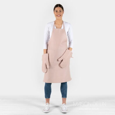 Tablier adulte lin coton rose clair avec gants.