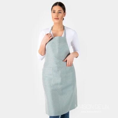 Tablier bleu clair de lin coton à bavette adulte avec des rubanes au cou et à la taille.
